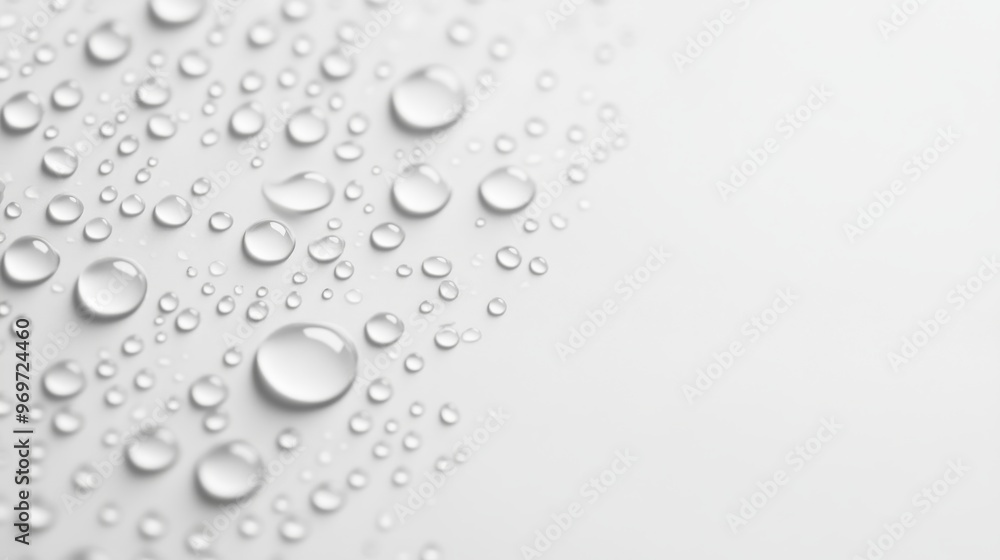 Poster water droplets cluster on a white surface, capturing light and creating an abstract design that emph