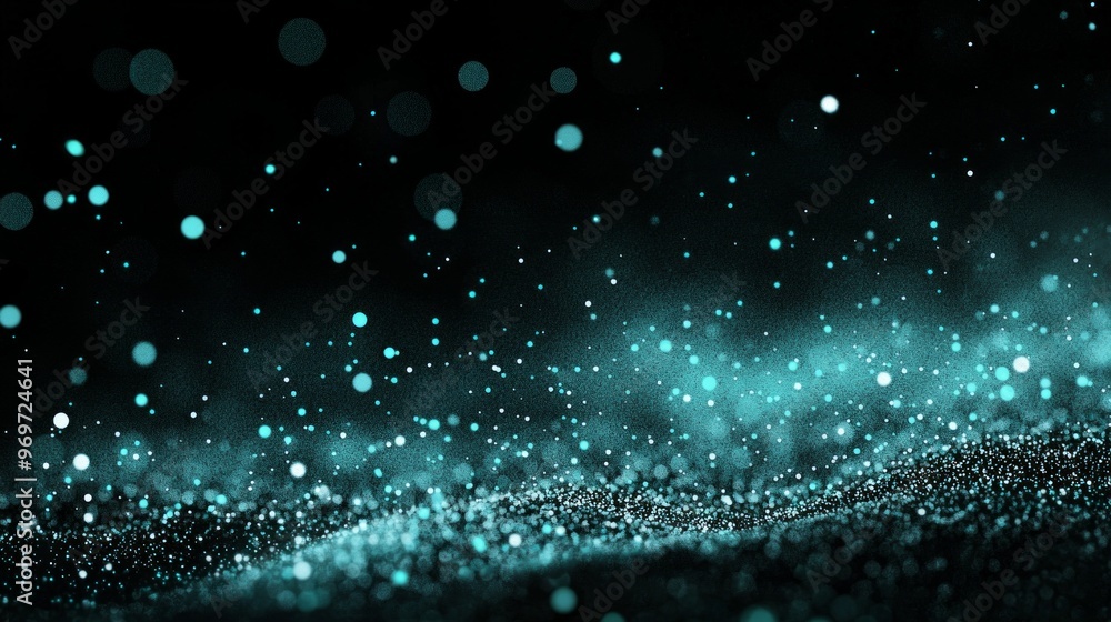 Poster a striking array of turquoise dots glows brightly against the darkness, creating a cosmic pattern th