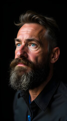 Obraz premium Thoughtful Bearded Man with Blue Eyes in Dramatic Lighting