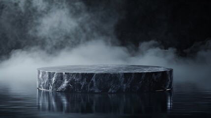 The circular stone platform is situated on still water, enveloped in a soft mist that enhances the tranquil, mysterious atmosphere of the setting