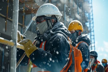 Construction Workers in Winter Gear Building a Structure Amid Snowy Conditions Demonstrating Resilience