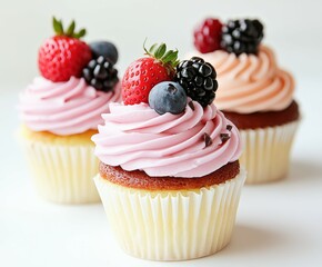 Cupcakes with fresh berries on a light background