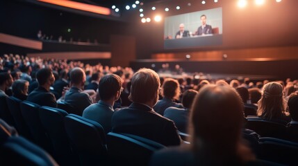 A large audience attentively listens as speakers present on a big screen in a modern auditorium filled with bright stage lights, creating an engaging atmosphere