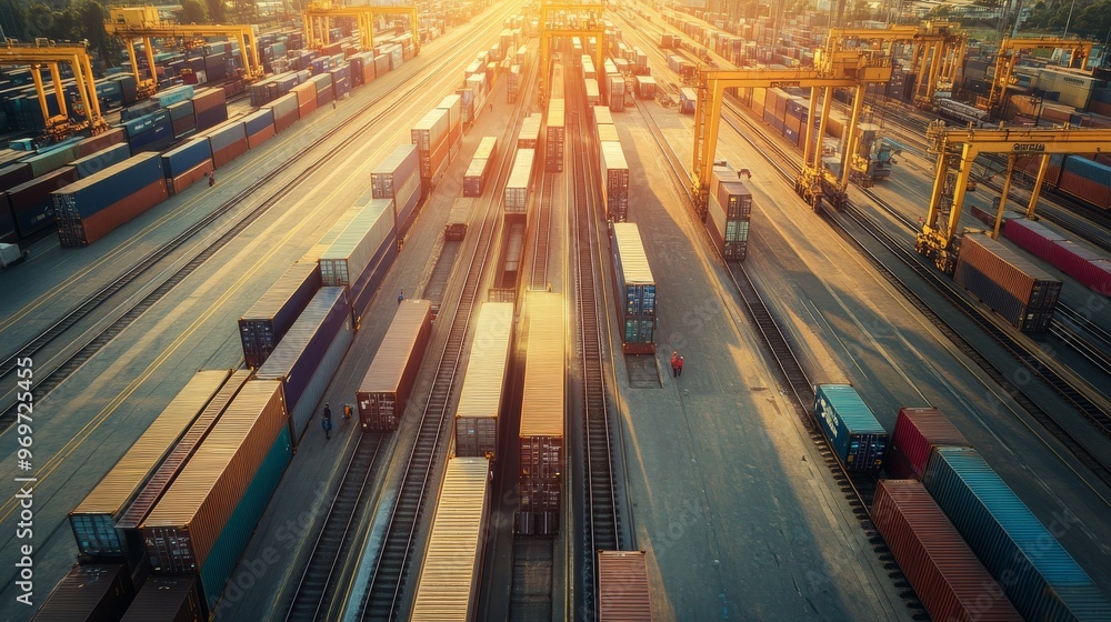 Poster a busy container cargo terminal at sunset shows cranes towering over rows of stacked shipping contai