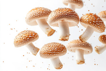 Obraz premium Fresh Mushrooms Scattering in the Air on White Background