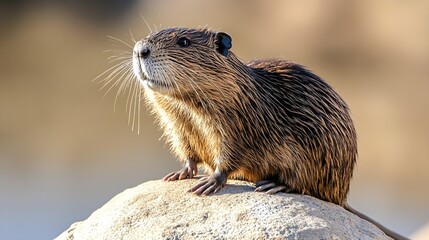 Fototapeta premium A close-up of a nutria rodent sitting on a rock, with its fur glistening in the sunlight against a light solid color background