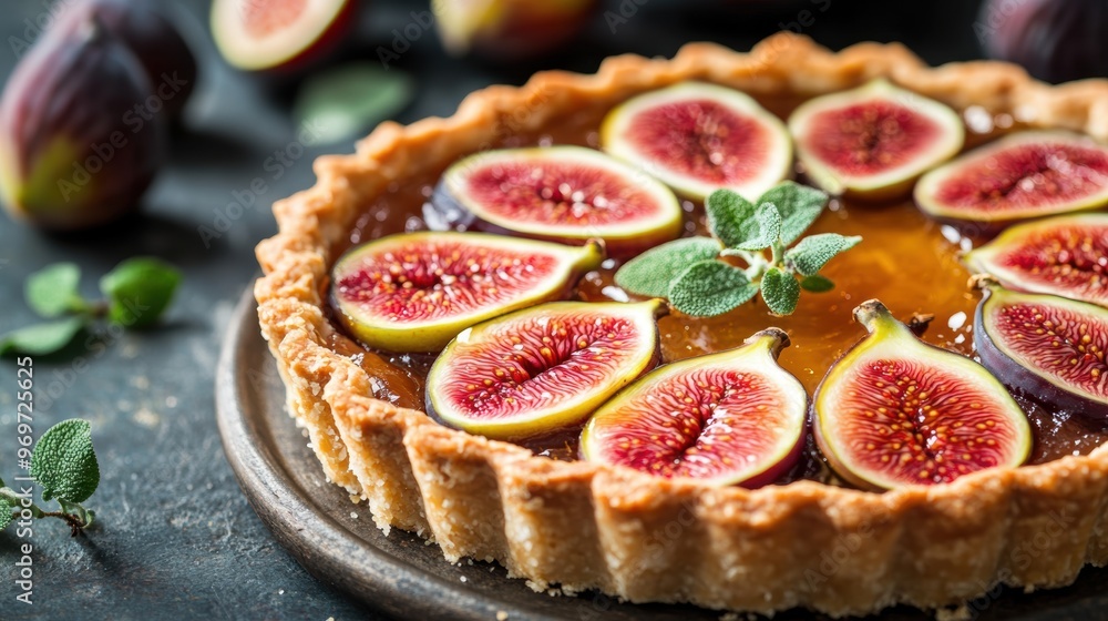 Poster delicious fig tart topped with honey, a perfect dessert idea for any celebration