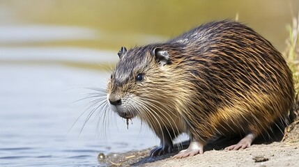 Fototapeta premium A nutria rodent foraging for food near the water's edge, showcasing its webbed feet and long whiskers, with ample copy space