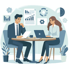 Partners meeting for business discussion with documents and laptop on desk. Couple at round table, speaking, discussing work, partnership. Flat vector illustration isolated on white background