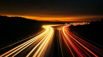 Obraz premium A nighttime view of a brightly lit highway, showing Italian cars moving along. The focus is on the cars and their movement, creating a sense of speed.