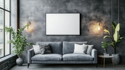 Modern living room with gray couch and empty wall for art display