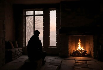 Naklejka premium Isolation and Despair Mental Health Struggles Sadness and Anxiety Silhouette by Fireplace 