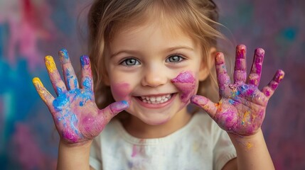 A cheerful girl displays her brightly colored hands, showcasing her joy in an art activity surrounded by a colorful backdrop, radiating creativity and happiness