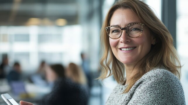 A woman with a warm smile, wearing glasses, uses her smartphone while surrounded by coworkers in a contemporary office environment during the day