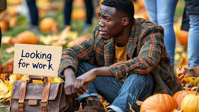 In a vibrant pumpkin patch surrounded by autumn foliage, a young man sits with a sign expressing his job search while others engage in fall festivities nearby.