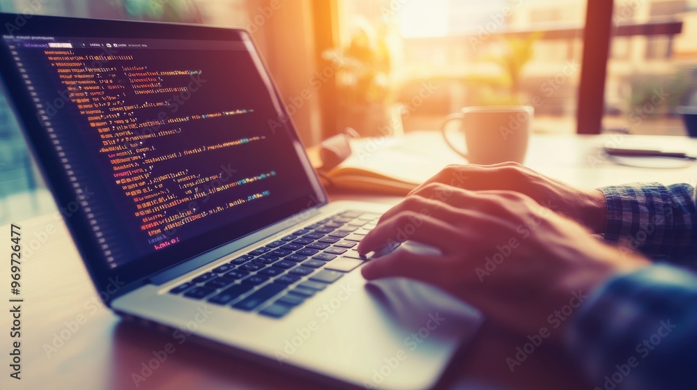Poster a person intently types code on a sleek laptop while enjoying coffee in a warm and inviting workspac