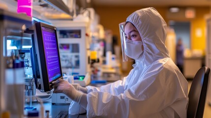 A scientist in a protective suit is focused on their computer, analyzing data in a sterile laboratory filled with advanced equipment