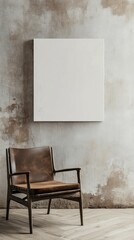 Neutral room with vintage chair and blank canvas on a textured wall