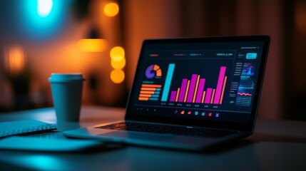 A laptop shows vibrant graphs and charts on a dimly lit desk while a coffee cup sits nearby, creating a cozy atmosphere for late-night work or study