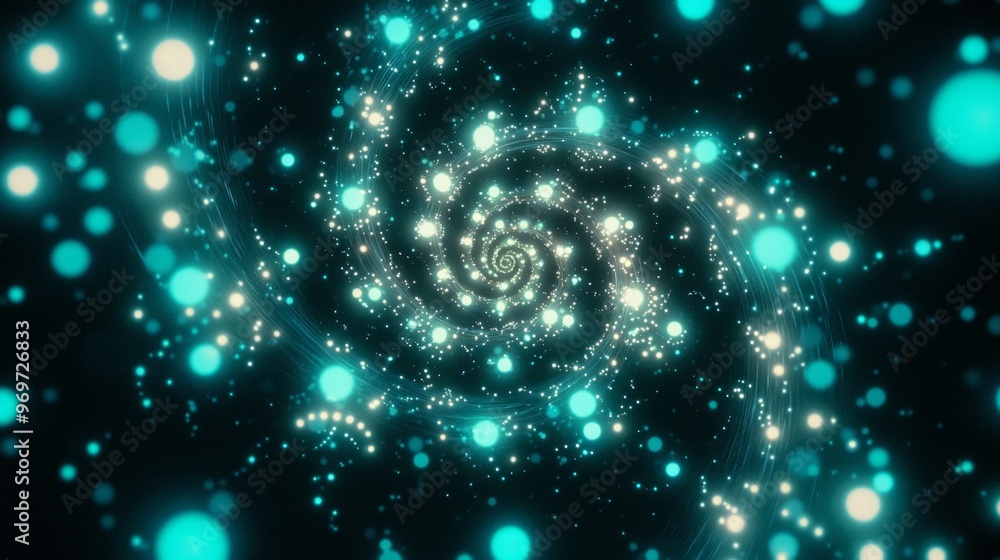 Poster turquoise dots scatter across a dark backdrop, forming a dynamic spiral. the particles pulse with a 