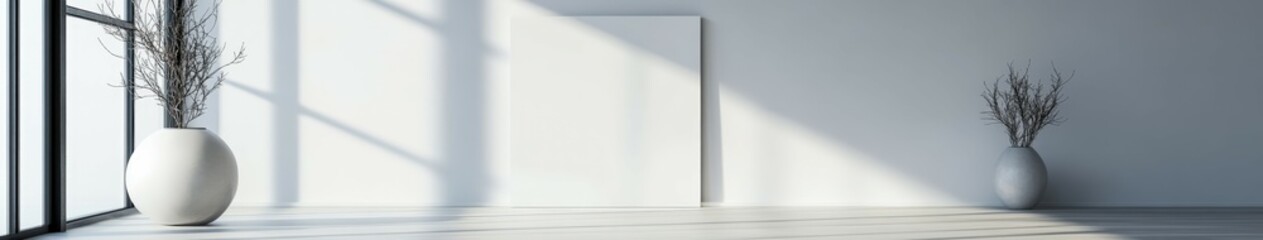 Sunlight filters into a minimalist room with vases and blank canvas