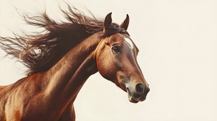 Obraz premium A close-up portrait of a wild horse showcasing its flowing mane and powerful physique against a light solid color background