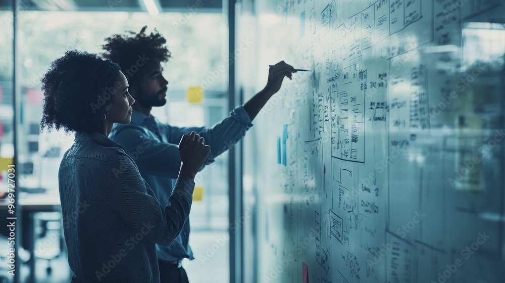Aufkleber two colleagues engage in a collaborative brainstorming session in a contemporary office, discussing 