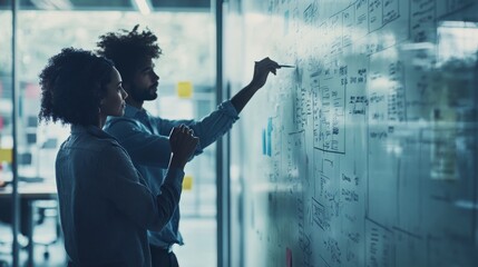 Two colleagues engage in a collaborative brainstorming session in a contemporary office, discussing ideas and strategies while working on a whiteboard