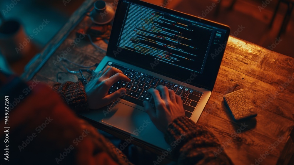 Poster a person focused on typing code on a laptop, surrounded by dim lighting and wooden textures, creatin