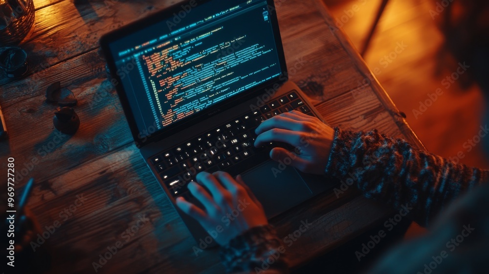 Poster a person is typing on a laptop with glowing code displayed on the screen, surrounded by warm lightin