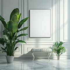 A sunlit modern interior with plants and a blank canvas on the wall