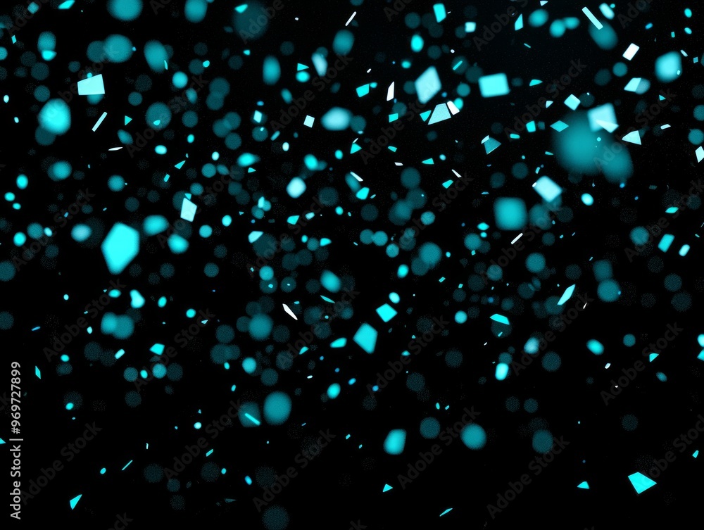 Poster small turquoise dots scatter chaotically across a dark background, glowing at varying intensities, c