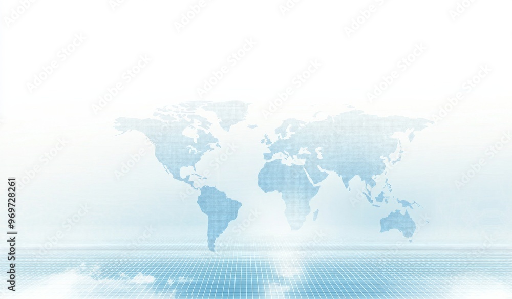 Poster abstract global network design with light blue background, world map, and white space for text or lo