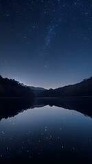 Fototapeta premium A panoramic view of a starry sky over a tranquil lake, reflecting the stars on the water, inviting a sense of calm