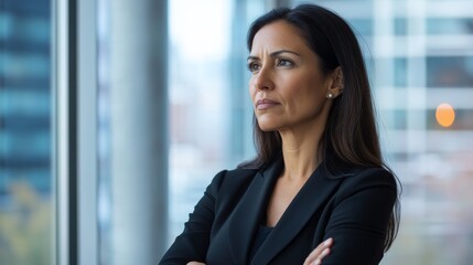 A thoughtful woman stands with her arms crossed, gazing out of a tall office window, reflecting on her goals while the city bustle unfolds below