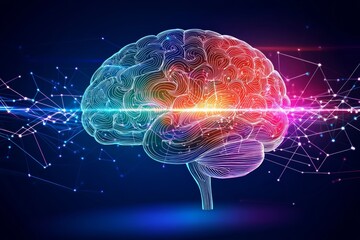 Digital brain neural interface neural grids neuroplasticity and neurochemical flow transparent digital brain emitting multicolored neural signals within a tech grid structure