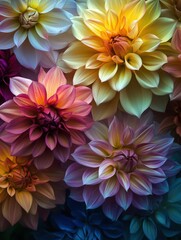 Beautifully arranged multicolored dahlias blooming in soft light © BrandwayArt