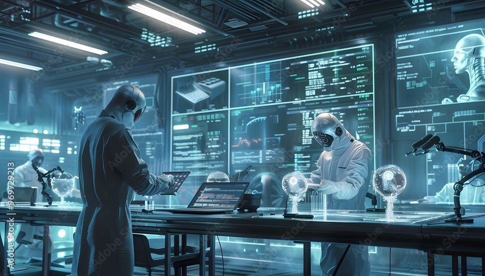 Poster scientists working in a high-tech lab with futuristic screens and advanced equipment, conducting exp