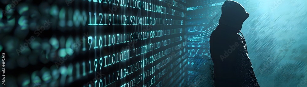 Poster silhouette of a hooded figure standing in front of a vertical matrix of digital numbers, representin