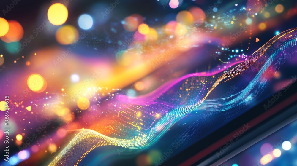 Poster colorful wave patterns flow across the canvas, creating a vibrant atmosphere filled with lights and 