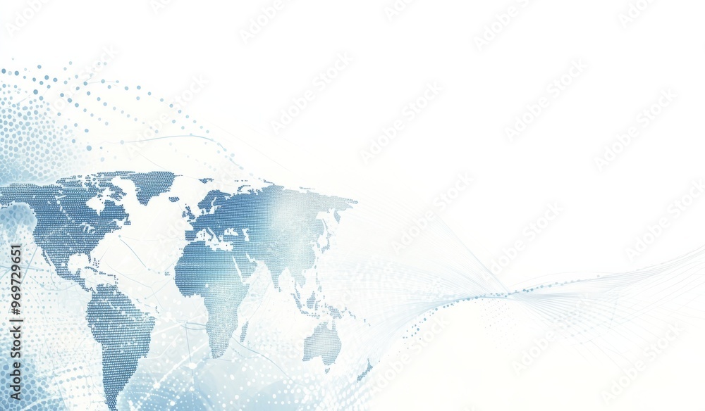 Poster abstract global network design with light blue background, world map, and white space for text or lo