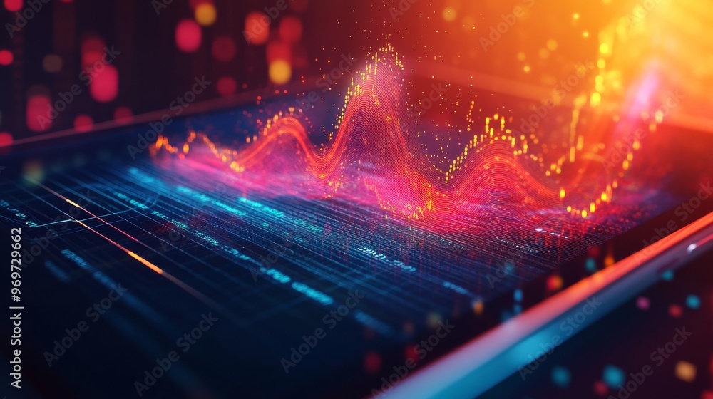Poster colorful sound waves radiate from a digital display, illustrating data analysis with dynamic pattern