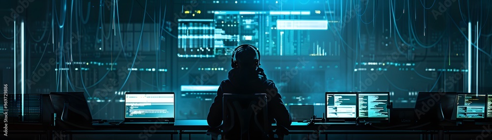 Poster silhouette of a person working in a dark, high-tech command center with multiple computer screens an