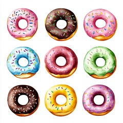 A colorful assortment of donuts featuring various flavors and sprinkles, perfect for adding a sweet touch to any design.