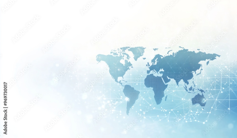 Poster abstract global network design with light blue background, world map, and white space for text or lo
