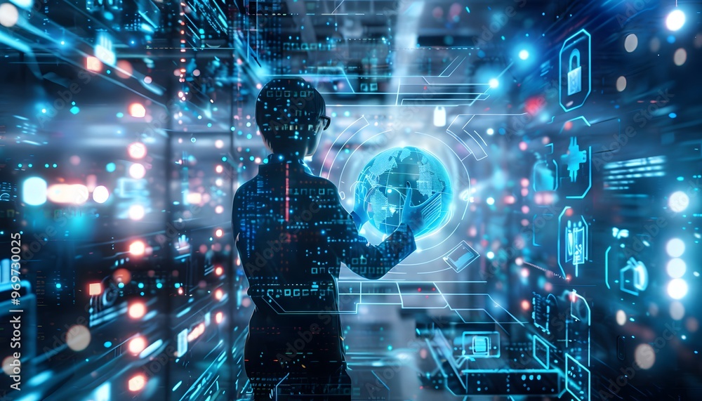 Poster silhouette of person interacting with digital globe in futuristic virtual reality environment. conce