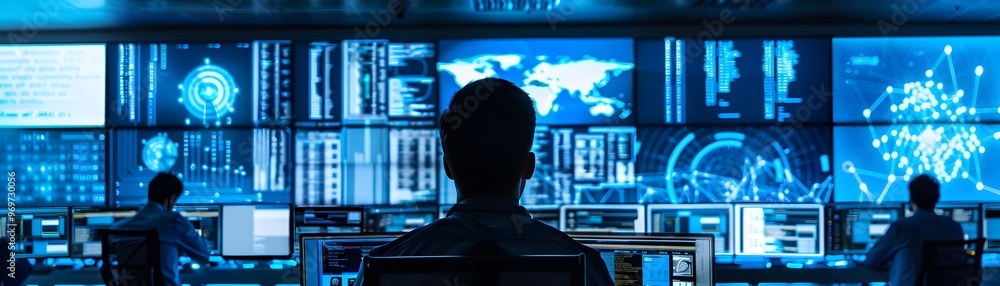 Poster silhouetted operators working in a futuristic control room with multiple screens showing data and wo