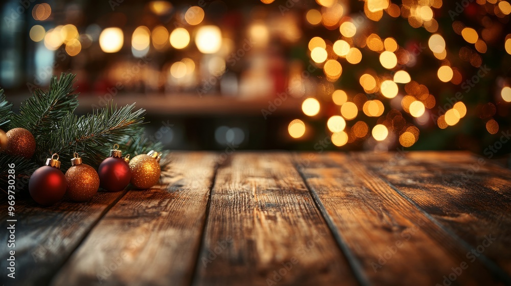 Poster decorative ornaments and pine branches lie on a rustic wooden table, creating a warm, inviting atmos