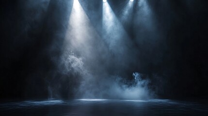 Fototapeta premium Artistic spotlight illuminating dark stage with smoky atmosphere for product presentation