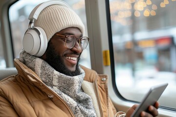 Man enjoying music with headphones while using smartphone on a bus
